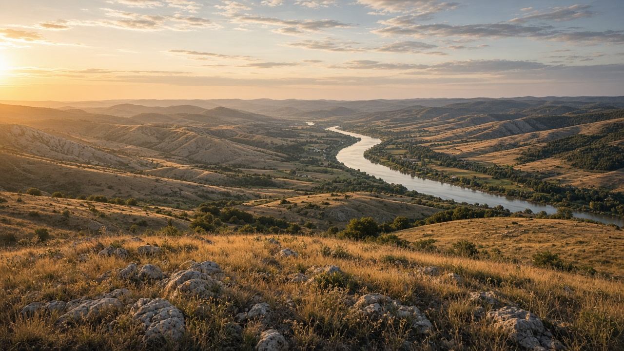 Panorama des Altmühltals mit Flusschleife und hellen Hügeln am Abend
