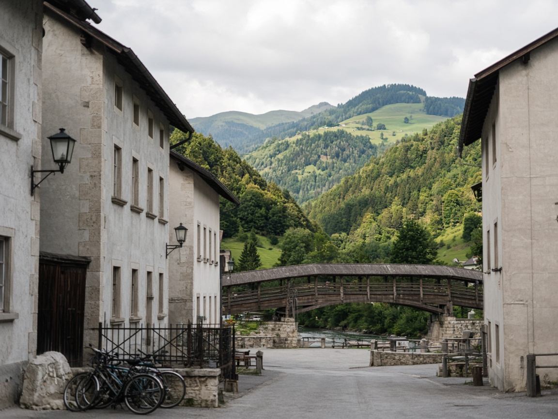 Ruhige Gasse und Steinbrücke in einem kleinen Ort im Altmühltal