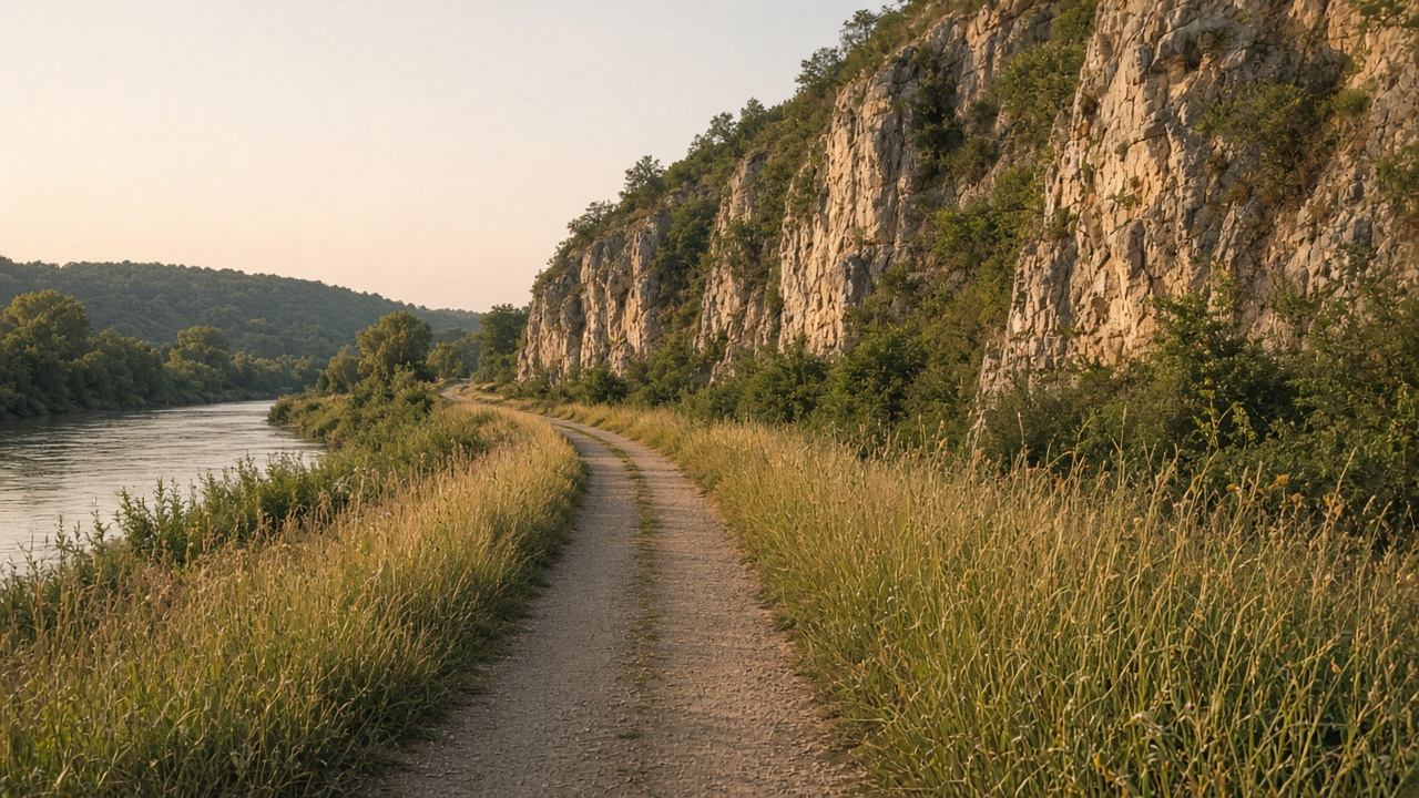 Fahrradweg durch hohe Gräser entlang der Altmühl mit Felsen im Hintergrund